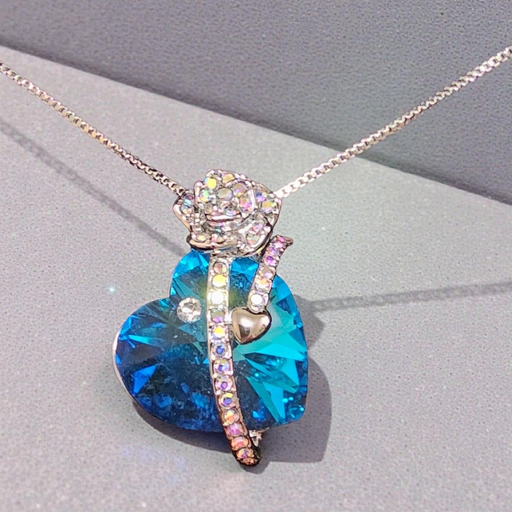 Dazzling Blue Heart Silver Necklace with Crystal  & Glass Accents